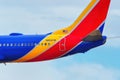 Close view of Boeing 737 operated by Southwest landing at Denver International Airport, Colorado