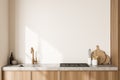 Close view on bright kitchen room interior with white wall