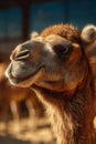 Close view of a camel at a farm during daytime with other camels in the background Royalty Free Stock Photo