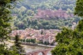 A close view of the castle and town of Heidelberg in Germany in the summer sun, with the river Neckar below, framed by trees Royalty Free Stock Photo