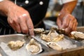 close view of a chefs hands shucking oysters Royalty Free Stock Photo