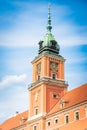 Close view of the Clock tower of The Royal Castle in the old town city center of Warsaw, Poland Royalty Free Stock Photo