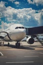 Close view of the cockpit of a white passenger airplane outside Royalty Free Stock Photo