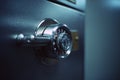 Close view of a combination lock on a metal safe in an office environment during daylight hours Royalty Free Stock Photo