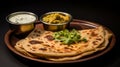 Close view of delicious aloo paratha with sides of yogurt and pickles