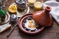 Close view of egg and beef, typical Moroccan breakfast