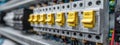 Close view of electrical circuit breakers in a control panel at a commercial building during daytime hours Royalty Free Stock Photo