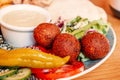 Close view of falafel, pita, vegetables and hummus on plate Royalty Free Stock Photo