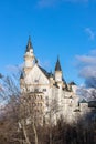 Close view of famous Neuschwanstein Castle in the afternoon sunshine before sunset in winter, Schwangau, Bavaria, Germany