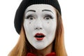 Close view on female mime face. Surprised actress with scenic make-up