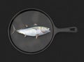 Close view of a fish on a heavy metal skillet