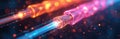 Close view of glowing fiber optic cables transmitting data. Light streams pulse through tubes showing fast internet connection Royalty Free Stock Photo