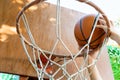 Close view of hands throwing a ball into a basketball hoop, teenage boy playing at home in the backyard, outdoor activities on Royalty Free Stock Photo