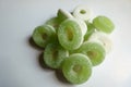 Close view of heap of green and white jelly ring candies