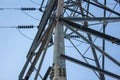 Close view of high voltage electric pole with blue sky background Royalty Free Stock Photo