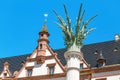 Close view of the historic column in Leipzig in Germany and renaissance building in background