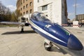 Close view of jet fighter in city center, Milan, Italy