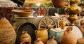 Close View Of Jugs In Shop Flea Market Of Antiques Old Retro Vintage Things. A Lot Of Old Things. Used Things. Second Royalty Free Stock Photo