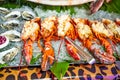 A close view of lobsters and oysters on ice. An exotic meal of tasty cooked lobsters. Close-up.