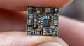 Close view microchip on finger with detailed circuitry modern semiconductor technology, AI generated Royalty Free Stock Photo