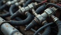 Close view of old engine details with hoses, tubes. Complex weathered system shows connections, structure, hardware. Aged Royalty Free Stock Photo