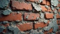 Close view of old red brick wall texture with chipped gray cement mortar. Shows damaged surface, broken blocks, rough material Royalty Free Stock Photo