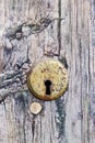 Close view of an old rusty keyhole and bolt Royalty Free Stock Photo