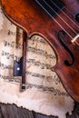 Close view of an old, used violin and bow