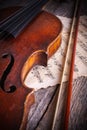 Close view of an old, used violin and bow
