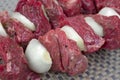 Close view onions and beef kabobs