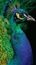 Close view of a peacock with bright colors and light highlighting its features in a wildlife scene Royalty Free Stock Photo