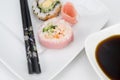 Close View of Pink Sushi with Soy Sauce