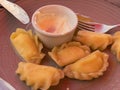 View on a plate with traditional Ukrainian desert - vareniky stuffed with cottage cheese