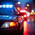 close view of a police car with flashing blue lights - generative AI Royalty Free Stock Photo