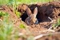 close view of a rabbit burrow opening in a field Royalty Free Stock Photo
