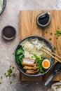 Close view ramen noodles with pork and egg