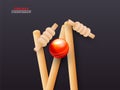 Close view of realistic cricket ball hitting wicket stumps on black background.