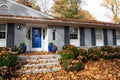 Close view of residential home inundated with fall leaves in need of leaf removal and lawn cleanup