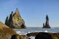 Close view on Reynisdrangar, famous basalt sea stacks located in Reynisfjara beach