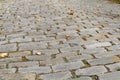 Close view of road surface of rough stone, fall leaves