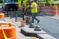 Close view on the road working on the new road construction site Royalty Free Stock Photo