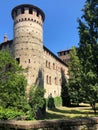 close view of round tower of grazzano visconti medieval castle