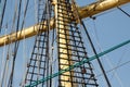 Close view of a sailers mast and rigging