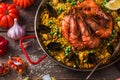Close view of seafood paella in a traditional pan Royalty Free Stock Photo
