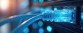Close view shows network cable plugs in server ports. Data transfer illuminated by blue neon lights. IT engineers use in cloud Royalty Free Stock Photo