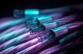 Close view of some fiber optic cables in the style of light purple and sky-blue. Bundle of optical fibers.