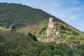 Close view of Sooneck Castle on the river Rhine, viewed from the side, lit by bright sunlight on summer\'s day