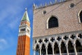 Close view of St Mark`s Campanile and Palazzo Ducale at Piazzetta San Marco in Venice, Italy Royalty Free Stock Photo