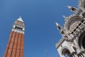 Close view of St Mark`s Campanile and Palazzo Ducale at Piazzetta San Marco in Venice, Italy Royalty Free Stock Photo