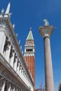 Close view of St Mark`s Campanile and Palazzo Ducale at Piazzetta San Marco in Venice, Italy Royalty Free Stock Photo